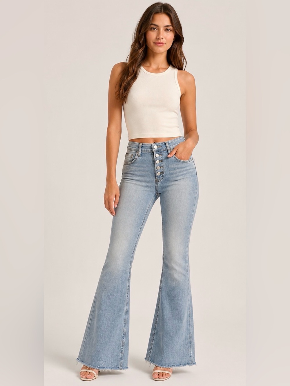 Simple Society Light Wash Flare Jeans 3/26 Button Fly Raw Hem Y2K